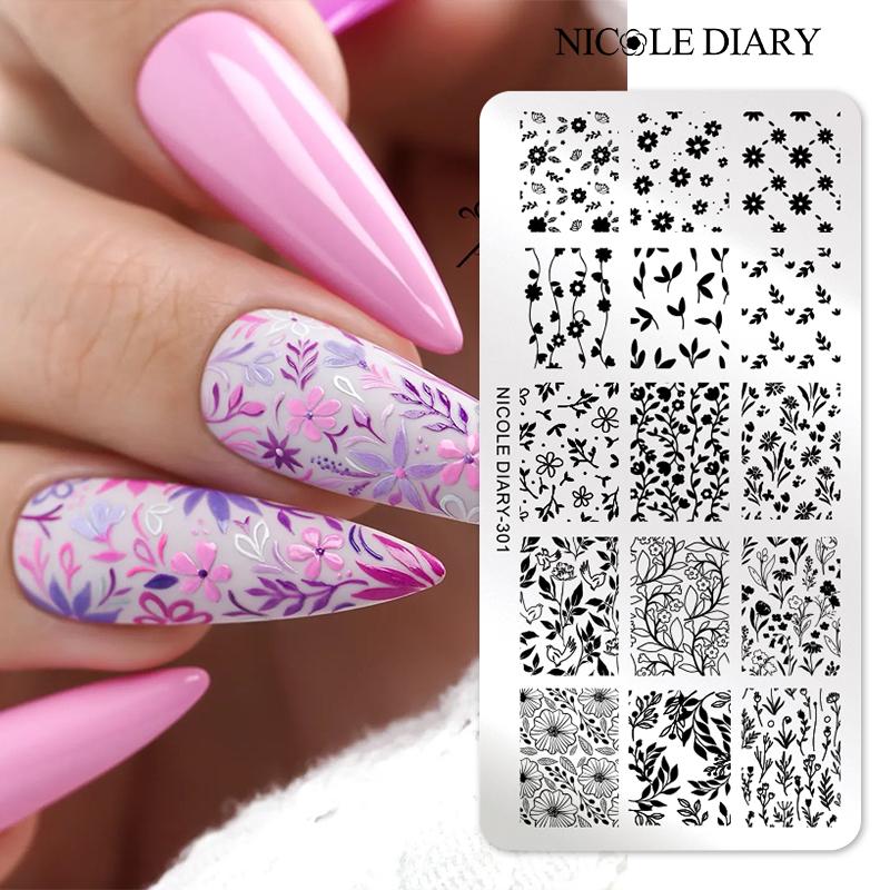 NICOLE DIARY Foam Bubble Effect Nail Stamping Plates Flower Leaf Line Design Stamp for Nails Printing Stencil Templates
