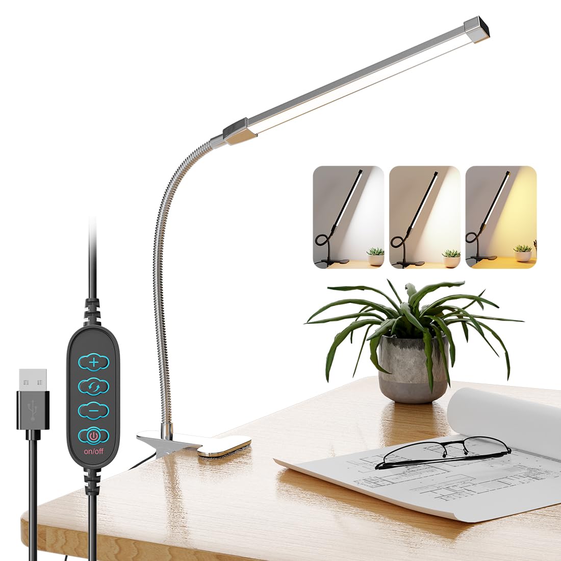

C-J-W LED Desk Light, Clip-on Lighting Stand, Desk Lamp, Desk Light, Bedroom Lighting, 3 Color Temperature Settings, 10 Dimmable Settings,