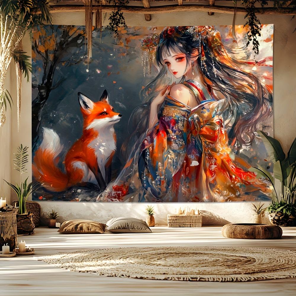 Enchanting Fox and Woman Tapestry Wall Decor for Bedroom Cozy Atmosphere Mystical Home Style and Artistic Touch Enhancement