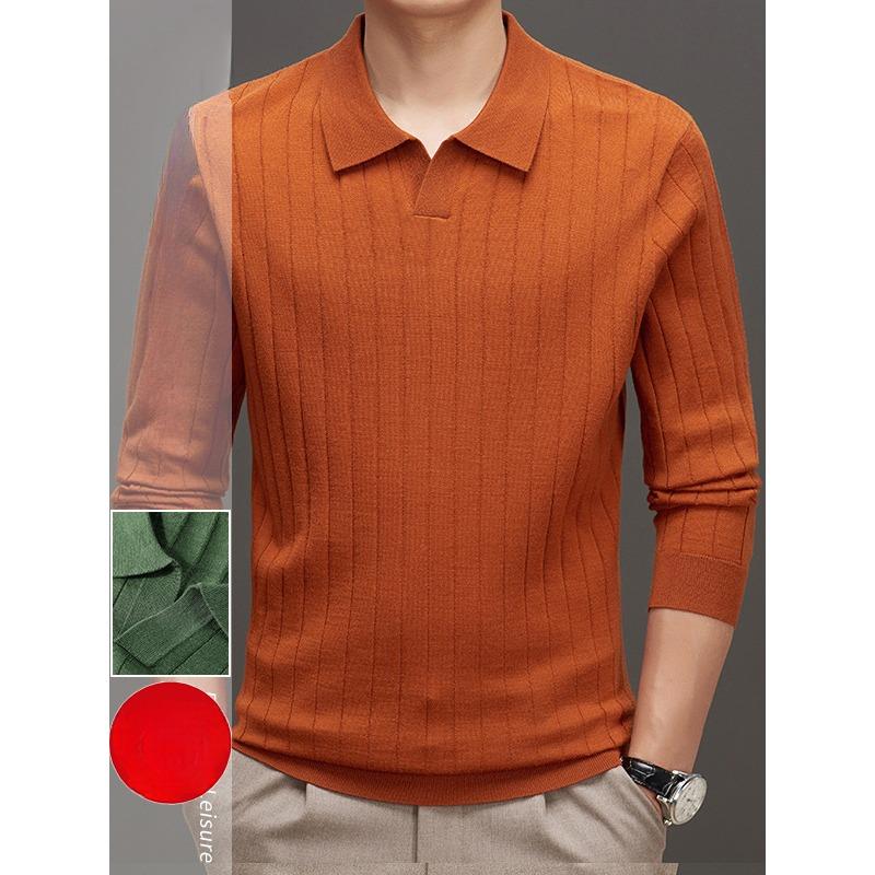 Podzimní pánské tričko s klopou a dlouhým rukávem z čisté vlny, vysoce kvalitní žebrovaný úplet, 48 česaná příze, vlaštovčí límec, polo tričko