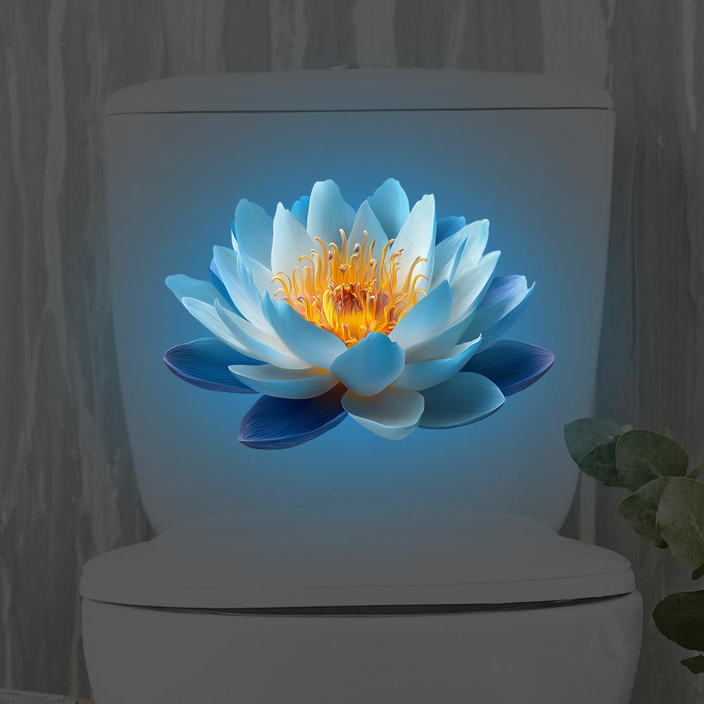 Blue Luminous Water Lily Toilet Stickers, Waterproof Bathroom Decoration Stickers, Creative Fluorescent Stickers
