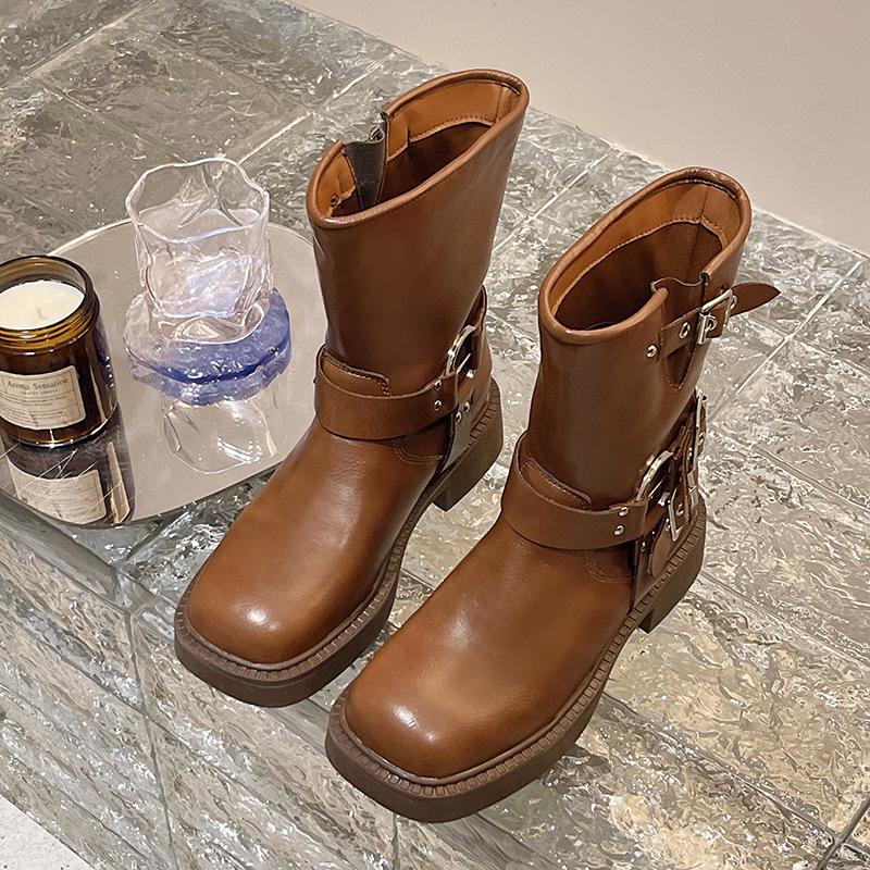 Maillard Маленькие Средние Рыцарские Сапоги Толстый Каблук Плоская Подошва Квадратный Носок Плиссированные Сапоги-чулки Коричневые Сапоги в Стиле Вестерн Ковбойские Сапоги Тренд 35 3567₽