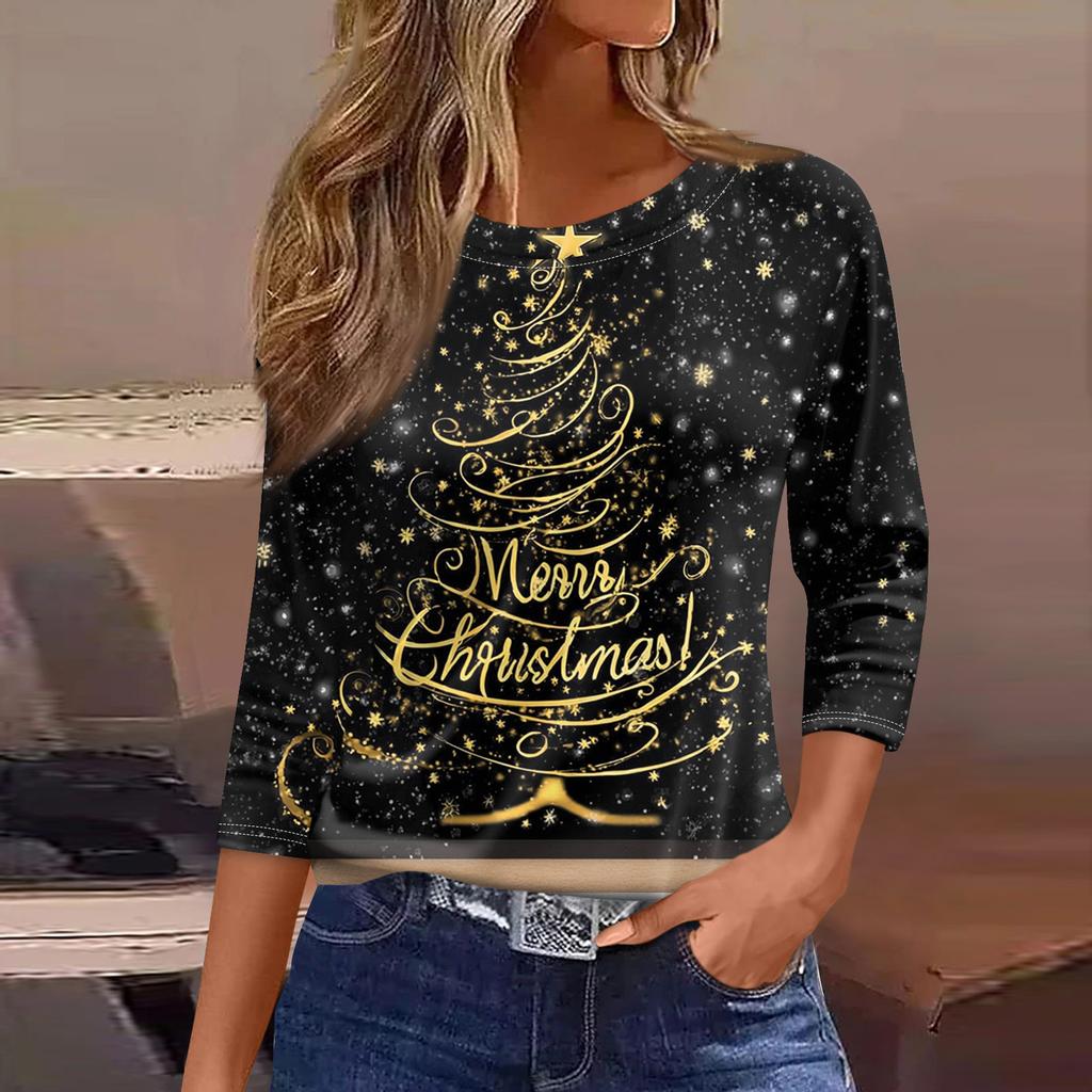 Women's Fashionable Casual Three Quarter Sleeve Christmas Printed Round Neck Top