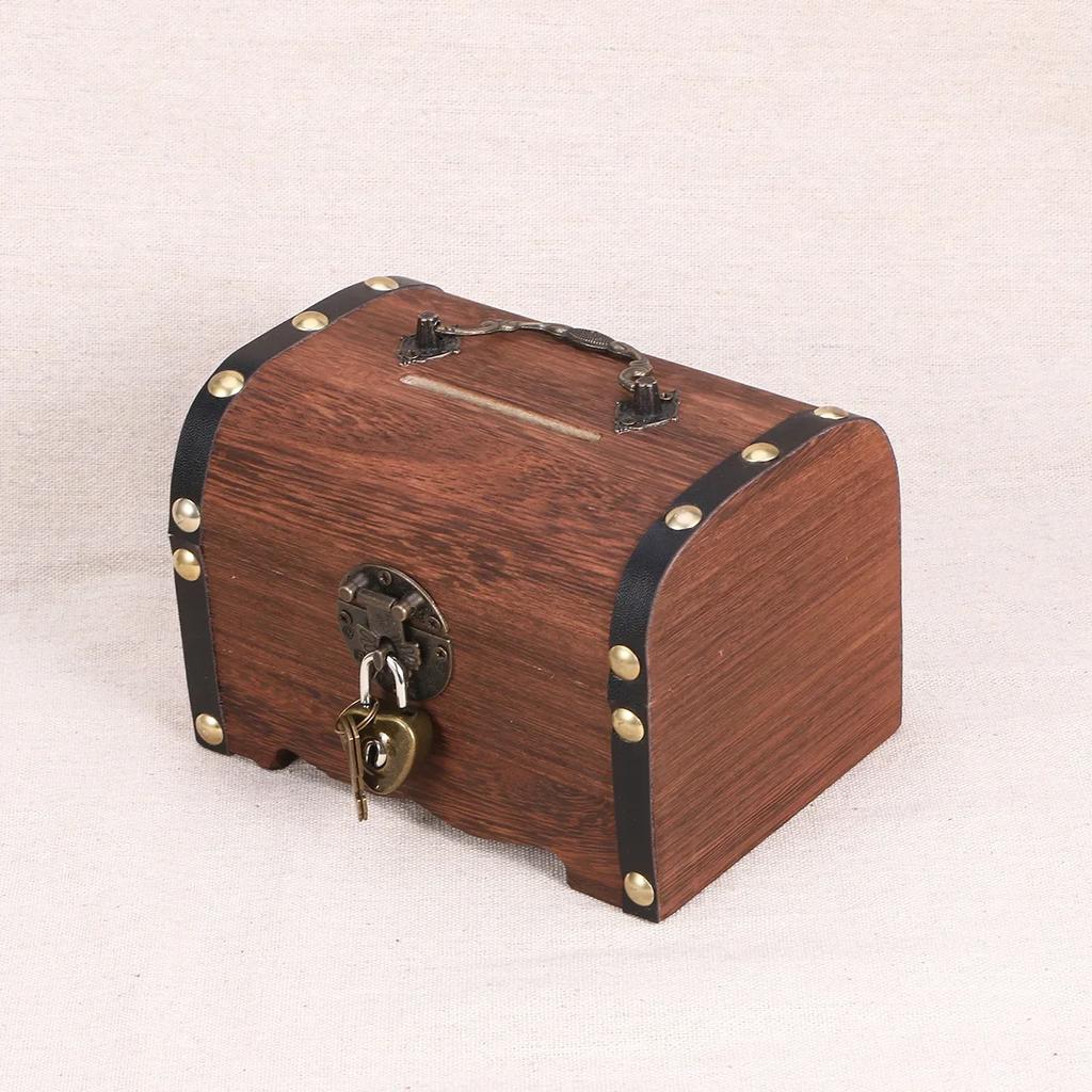 Box Wooden Treasure Bank Storage Chest Piggy Wood Vintage Money Coin Lock Boxes Jewelry Saving  Pirate Organizer Decorative Gift