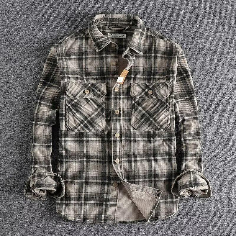 Men's Retro Khaki Plaid Corduroy Shirt - Spring/Fall Classic with Long Sleeves
