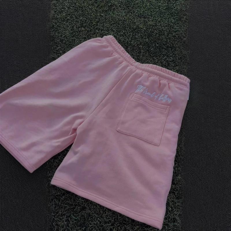 European and American Pink Embroidered Elastic Drawstring Casual Straight Leg Loose Shorts