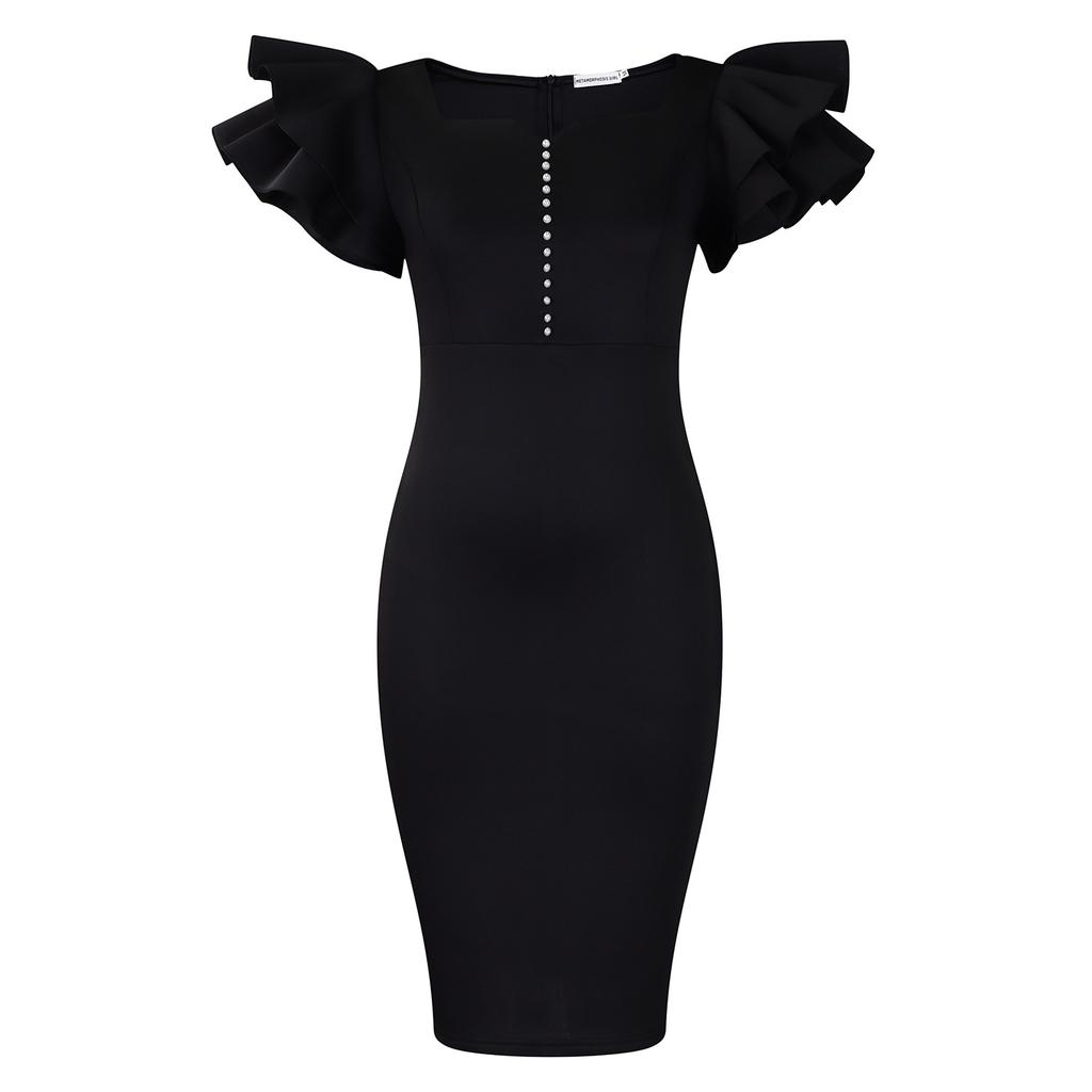 Summer Fashion Women's Nail Bead Lotus Leaf Sleeve Hip Wrap Banquet Dress Dress