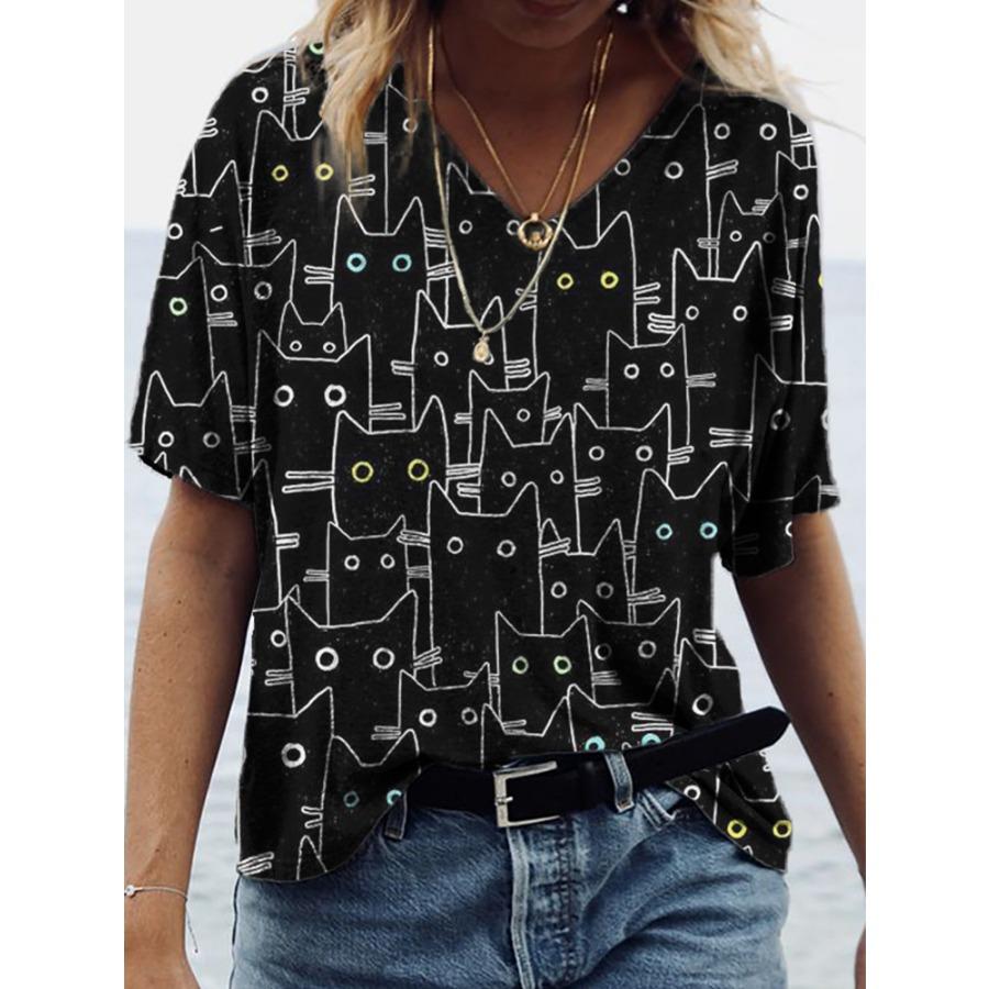 Cat 3D Printed Short Sleeved T-shirt Summer Breathable Polyester Simple V Neck Top