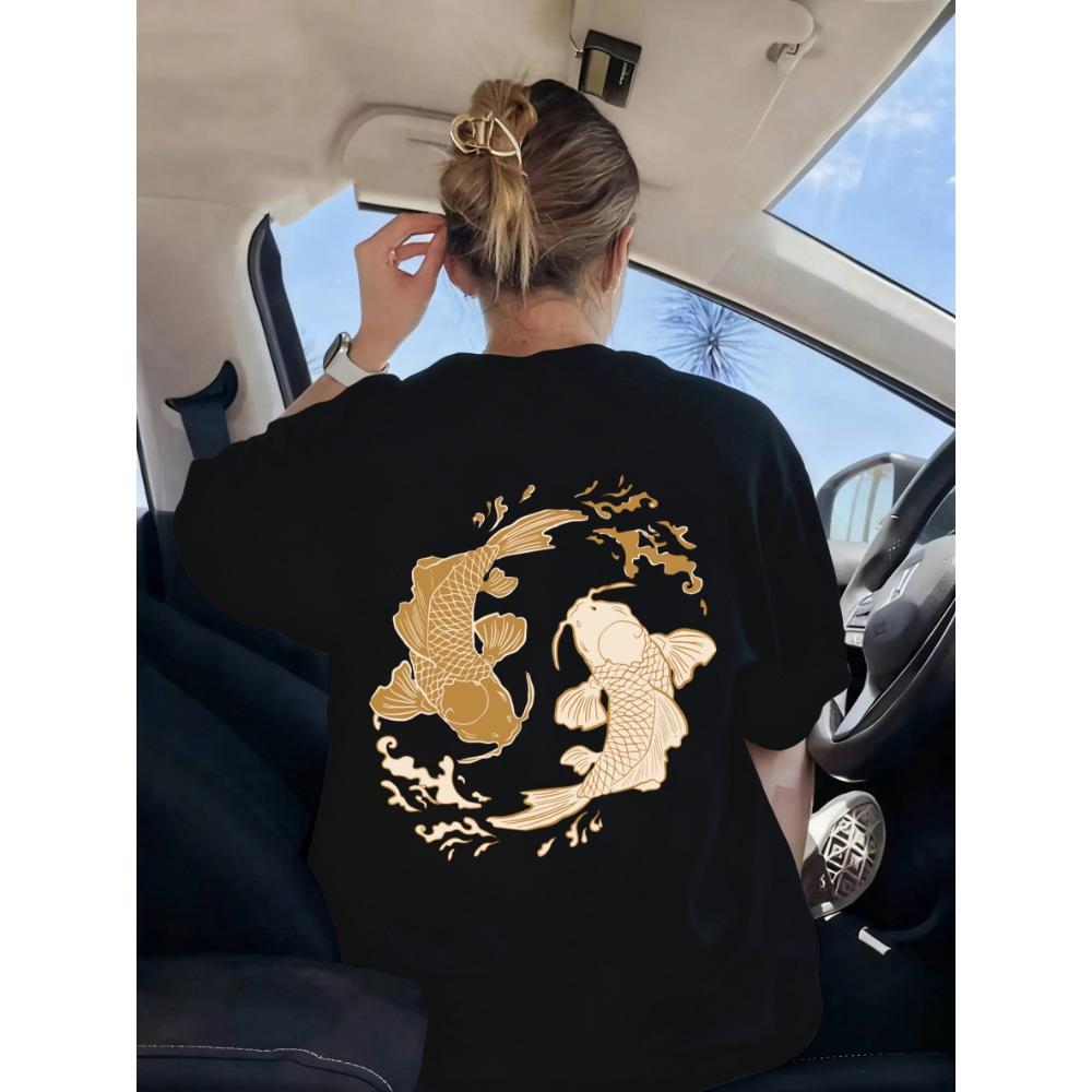 Japanisches Harajuku Koi-Print T-Shirt Damen Sommer Rundhals Kleidung Trendiges Kurzarm Atmungsaktives Y2K Damen-T-Shirt