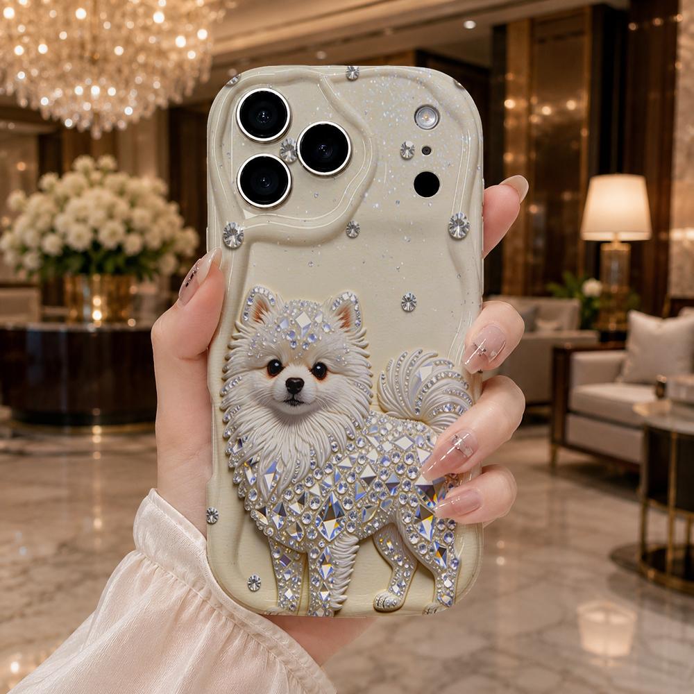Full Rhinestone Pomeranian Wavy Edge Phone Case For iPhone 17 16 15 14 13 12 11 8 7 Plus Pro Max Bling Dog Bumper Cover