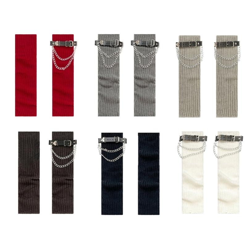 Ribbed Knitted Boot Toppers Covers with Heart Chain Leather Belt Harajuku Gothic Punk Leg Warmers Scrunch Long Socks