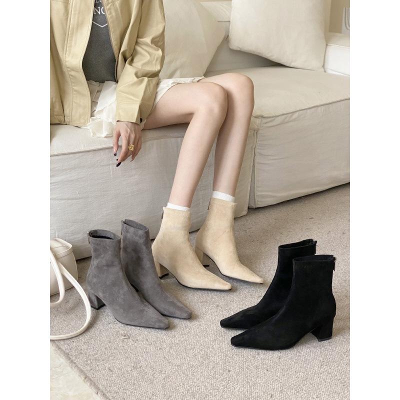 2025 autumn new square head thick heel high heel temperament French fashion suede sexy beautiful women short boots