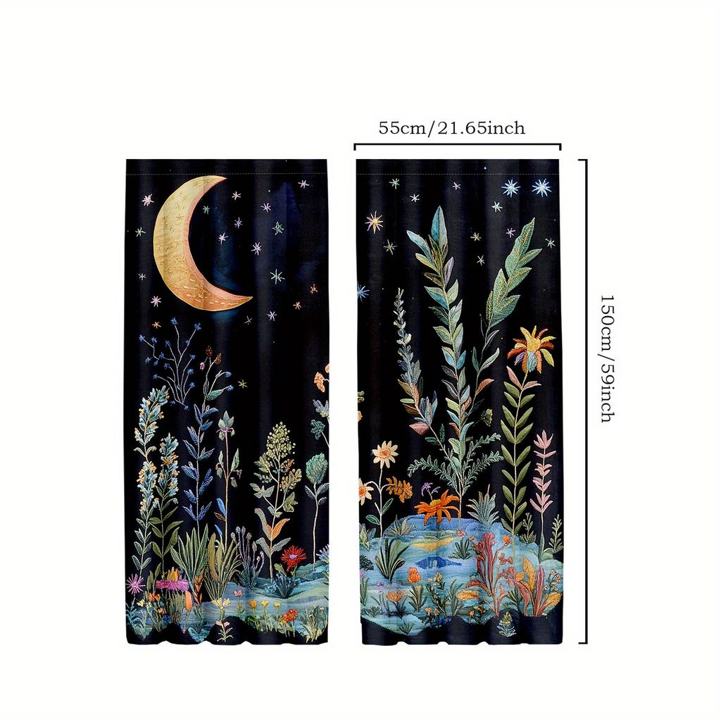2pcs Black Night Mushroom Curtains   Boho Gothic & Botanical Moon-Star Design Drapes