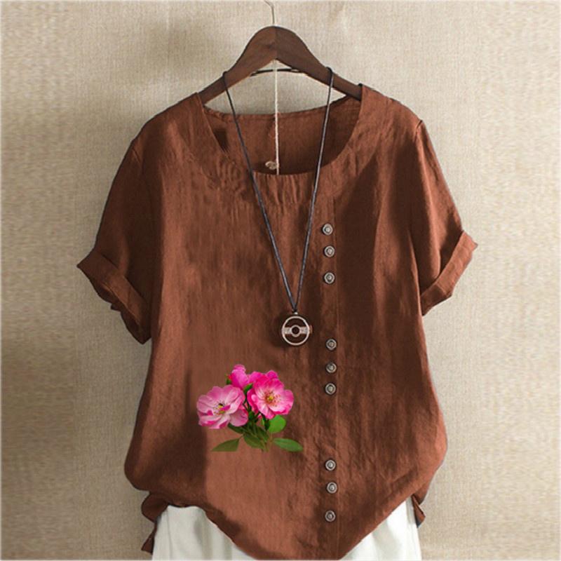 Women's Fashion Flowers Prined Round Neck Short Sleeve T-shirt Casual Cotton Linen Graphic Shirt Leisure Loose Summer Blouse Tops
