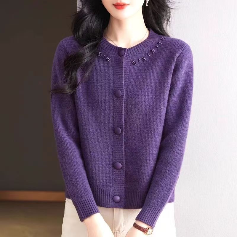 Spring and Autumn  Women's Knitted Cardigan Round Neck Short Sweater Coat Loose Knitted Shirt