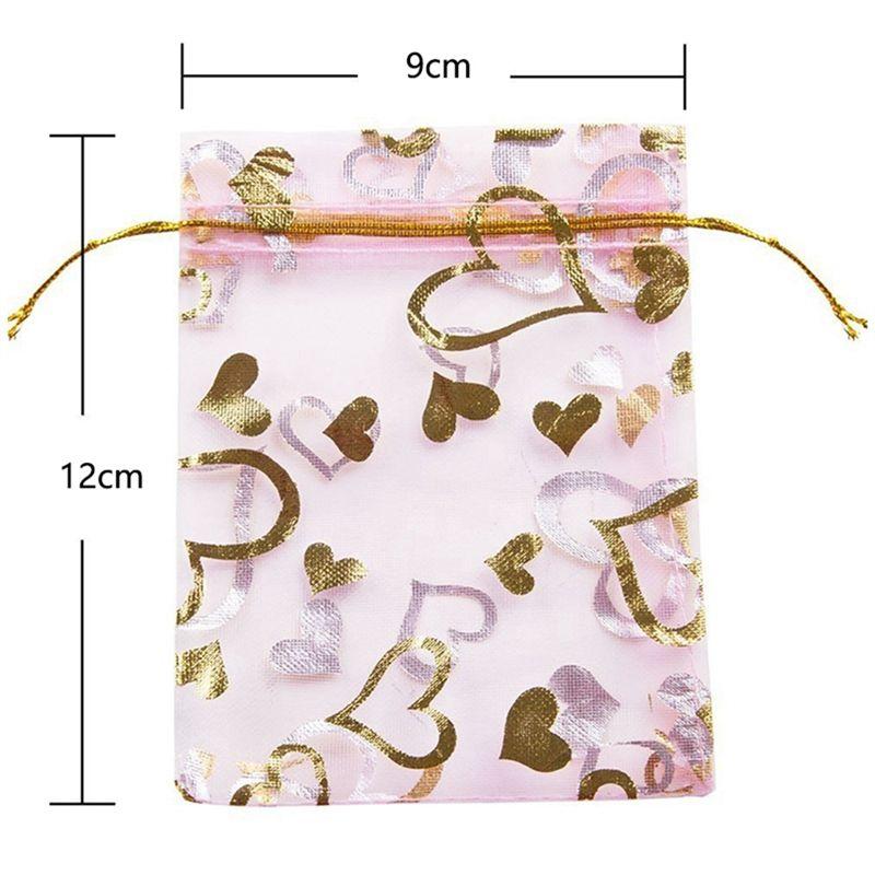 A33R-9X12cm Heart Printed Pink Organza Bags Jewelry Pouch Bags Organza Drawstring Pouches
