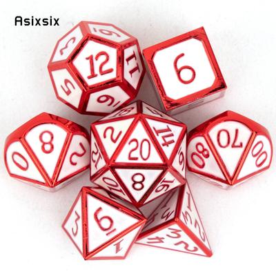 7 Pcs White Red Standard Metal Dice Solid Metal Polyhedral Dice Set Suitable for Role-Playing RPG  Board Game Card Game