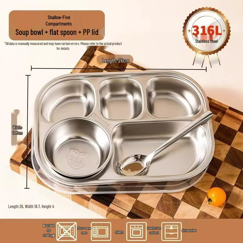 HANDUNYOU 316L Stainless Steel 5-Compartment Lunch Tray Set