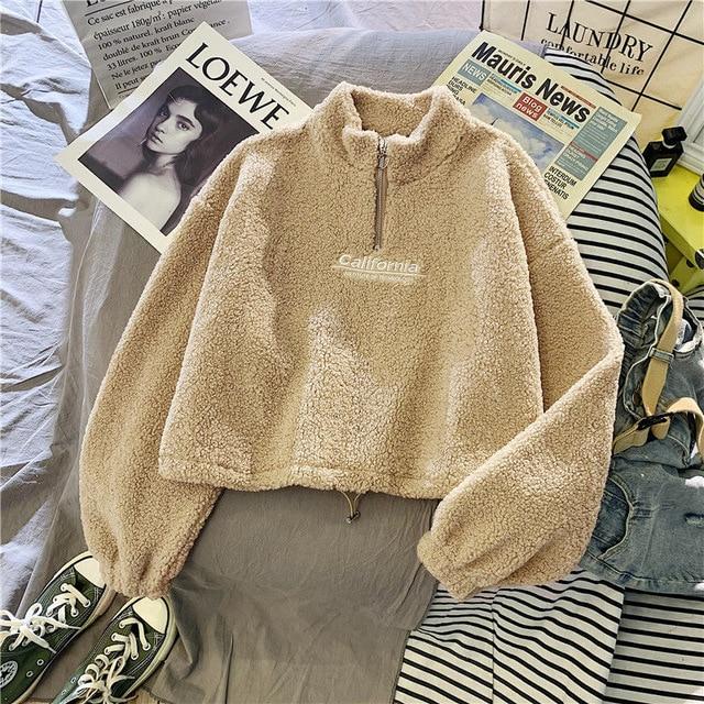 Herbst Winter Warme Kaschmir Sweatshirt Damen Mode Plüsch Lose Brief Kurze Jacke Kpop Sweatshirt