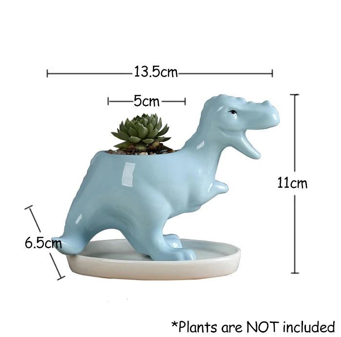 

Tyrannosaurus Rex Ceramic Planter with Tray, Creative Dinosaur Flower Pot for Succulents, Animal Garden Pots Home Desktop Decor синій