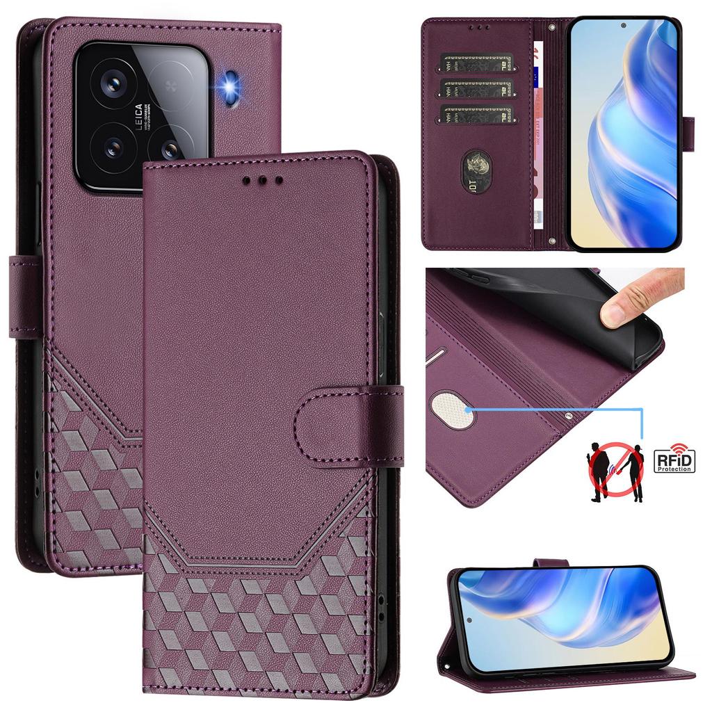 For Xiaomi 15 Case Imprinted Honeycomb RFID Blocking Leather Phone Cover with Strap