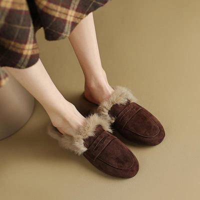 Women's 2025 Autumn/Winter Flat Suede Velvet Furry Mule Slippers
