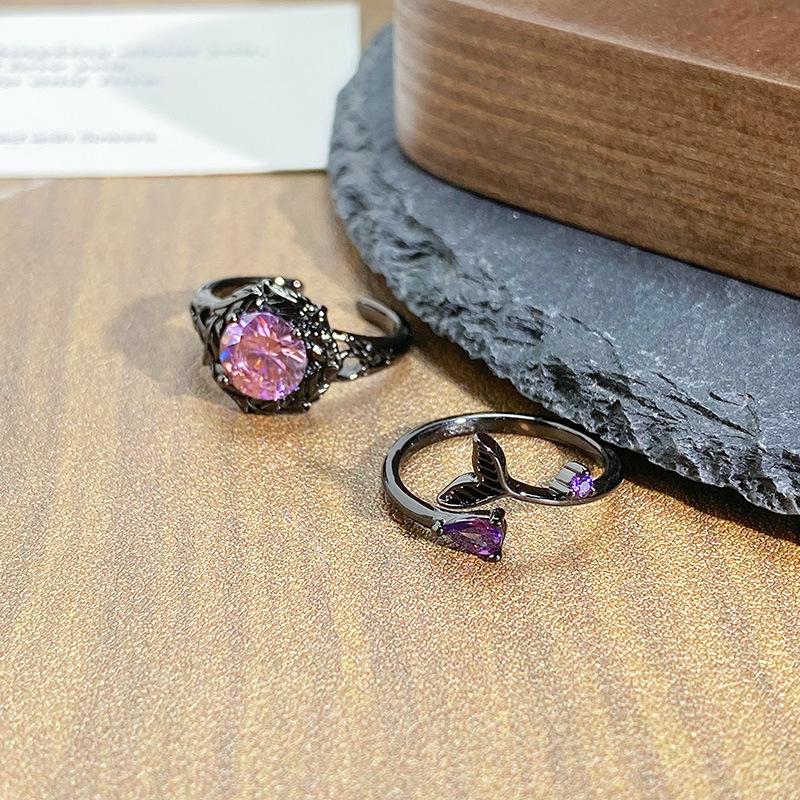 Punk Dark Personality Sweet Cool Moon Fishtail Full Diamond Open Ring Spice Girl Niche Treasure Premium Sense Ring Girl