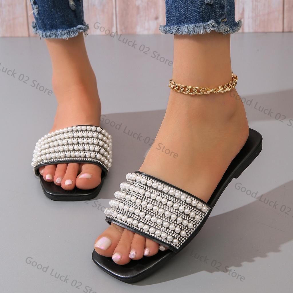 Fashion 2025 Women's fashionable flat sandals with artificial pearl and rhinestone decoration slippers