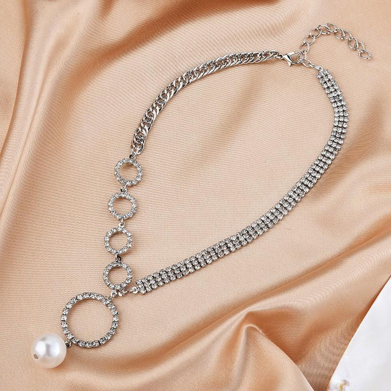 Light Luxury Temperament Full Diamond Large Circular Pearl Necklace Design Sense Splicing Collarbone Chain Women Sexy Jewelry