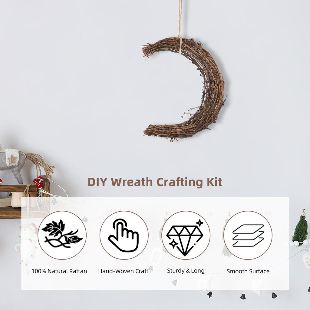 2Pcs Moon Shape Rattan Wreath Rings DIY Frame Vine Branch Garland Materials for Xmas Wreath Making Rustic Crafts