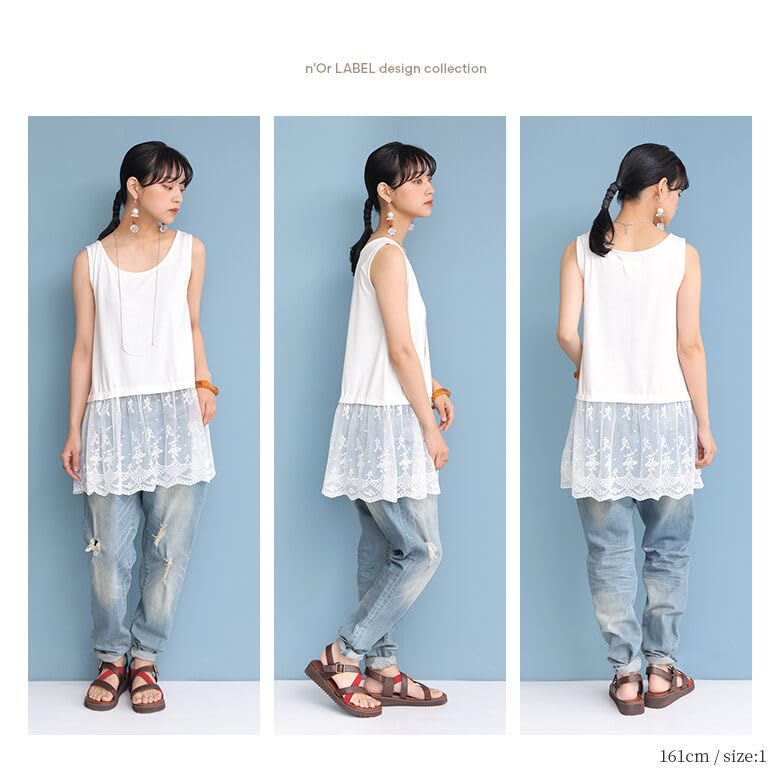 Oshare Walker Scalloped Lace Tank Sleeveless Tank Flattering Thn0311 n'OrLABEL Top, Women's Top, Camisole, Layered, (Sizes M-L, Off-White)