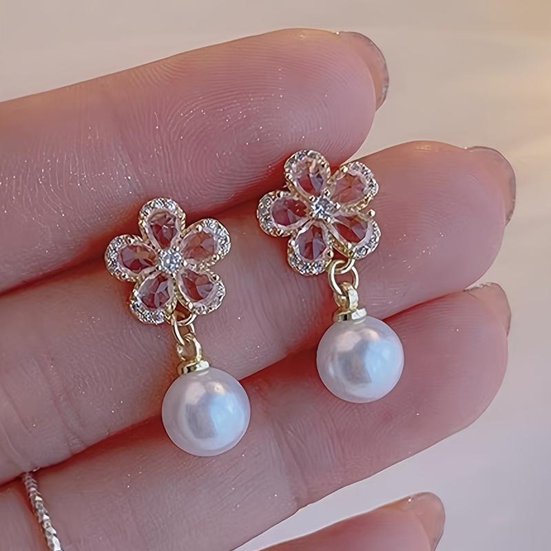 1 Pair Elegant Flower Pendant Earrings Rhinestone Imitation Pearl Sweet Alloy Earring Daily Holiday Wear Women Jewelry Accessory