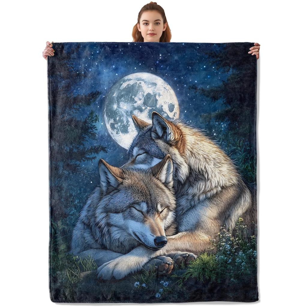 Wolf Series under the Moonlight digital-printed polyester velvet flannel cover blanket Fleece soft sofa cover blankets for beds
