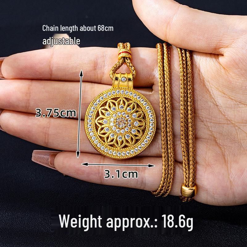 Vietnam Sand Gold Eight Treasures Compass Pendant Necklace - Trendy Court Style with Diamond-Set Hollow Flower Design for Women