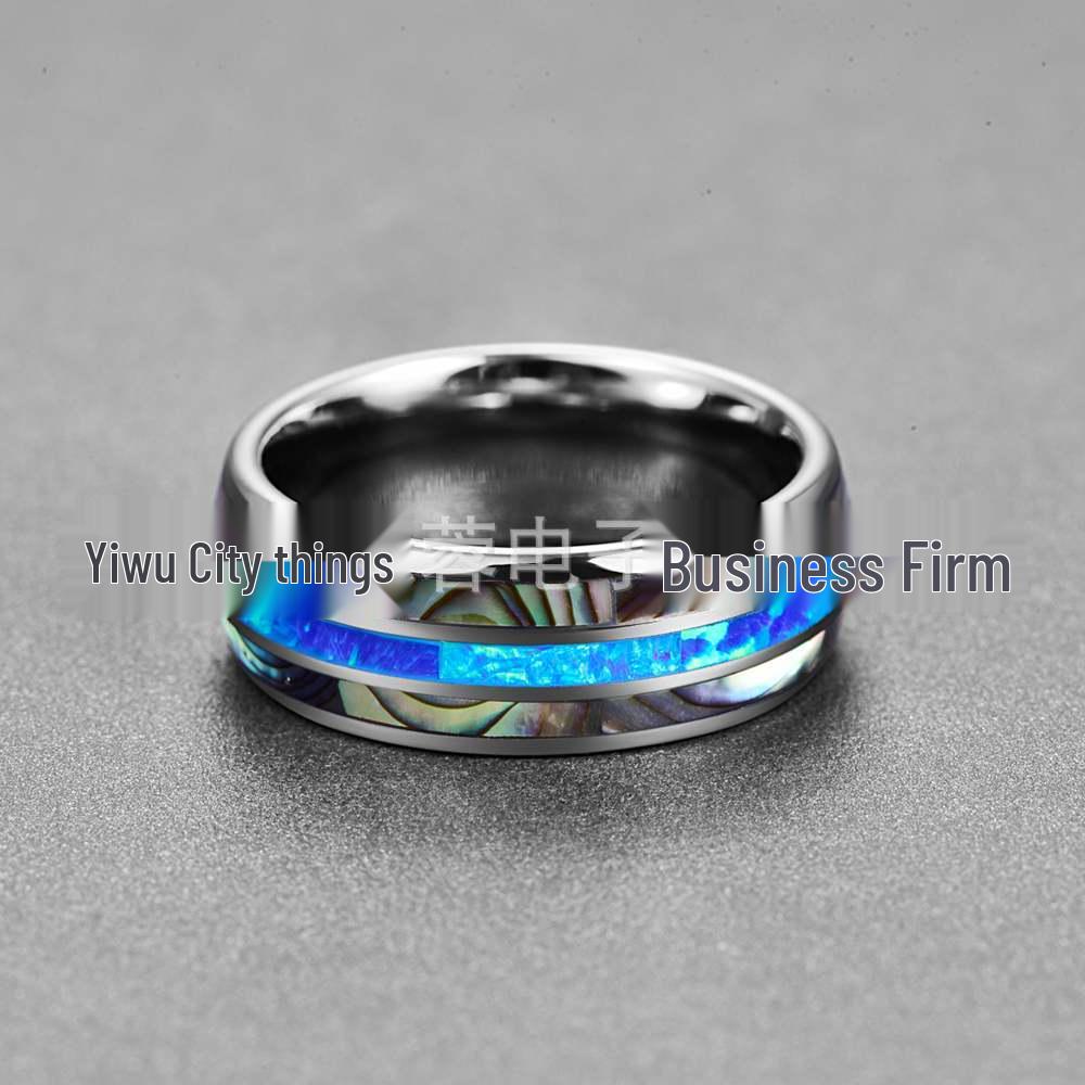 8mm Wide Men's Tungsten Steel Ring with Polished Dome and Three-Groove Inlaid Opal & Abalone Shell