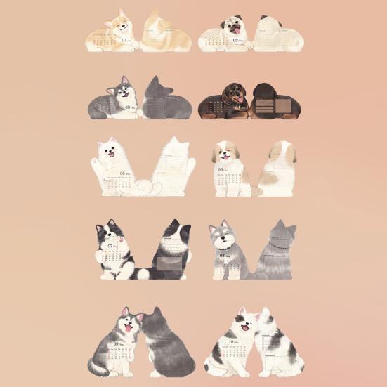 2026 Small Desk Calendar with Wooden Base Cute Dog Cat Patterns Monthly Planner