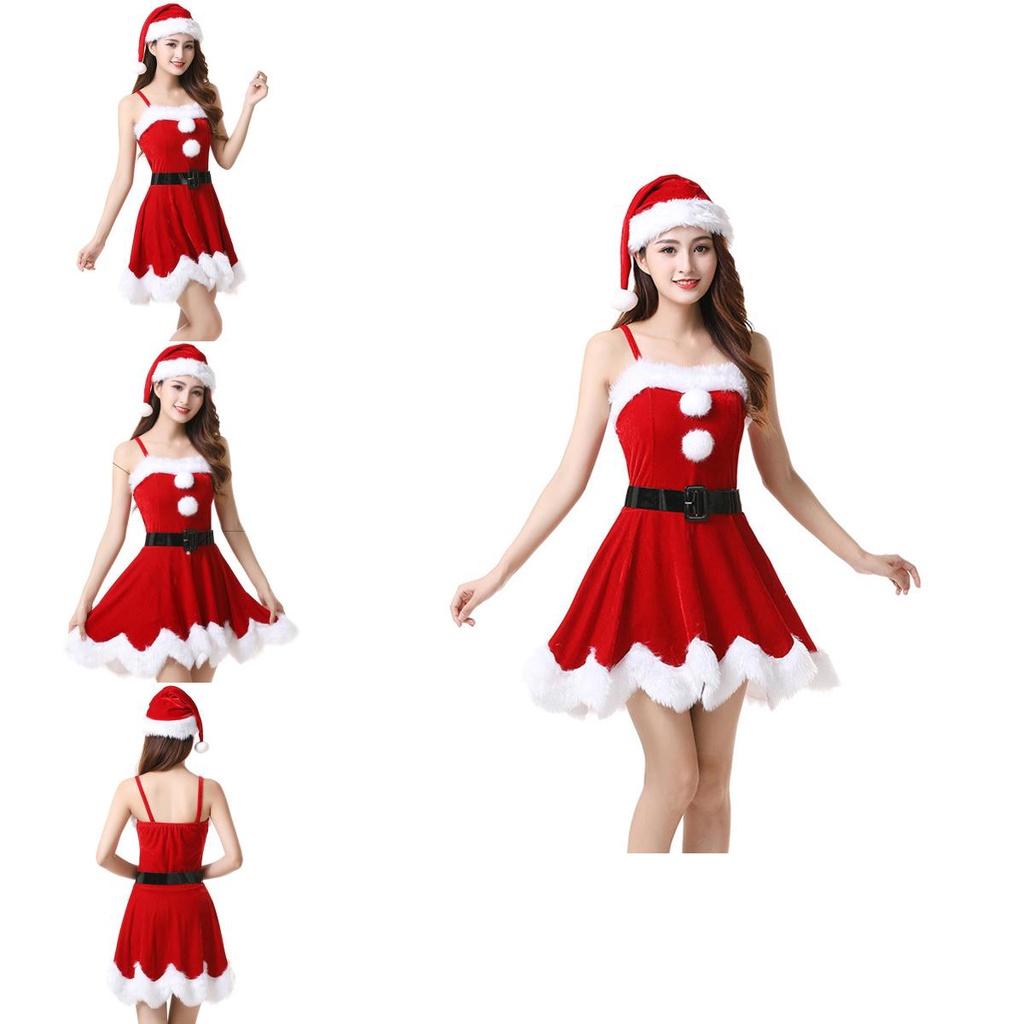 Roter Samt Damen Weihnachtskostüm Mit Weichem Nikolauskleid Und Hut