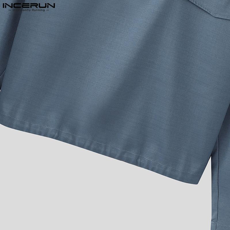INCERUN Men Stand Neck Long Sleeve Solid Color Casual Loose Shirts Tops