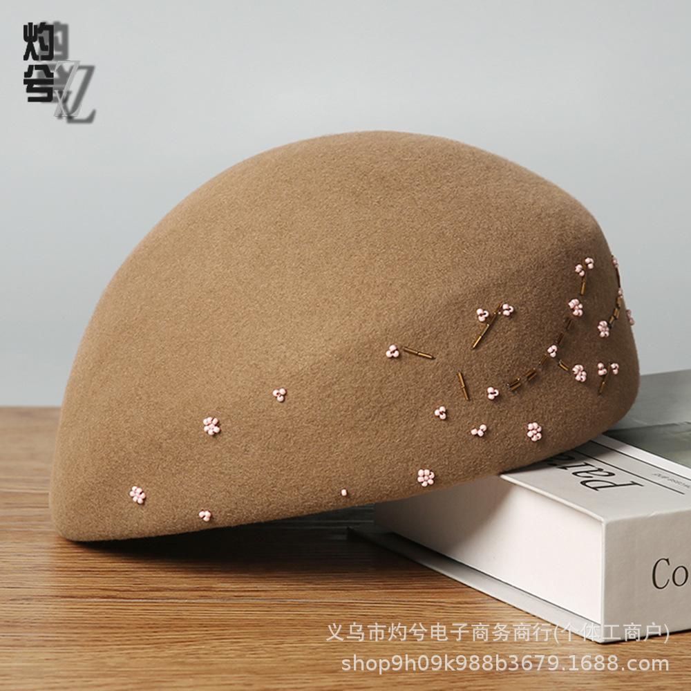National Style Autumn and Winter New Pure Wool Beret Elegant Temperament Plum Blossom Bead Bud Hat Retro Versatile Casual Tide