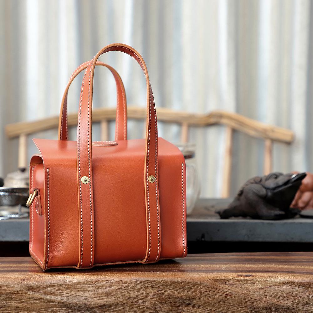 Damen-Leder-Quadrat-Handtasche pflanzlich gegerbtes Leder Retro-Stil handgenäht tragbar Teetüte echtes Leder Damen-Tasche