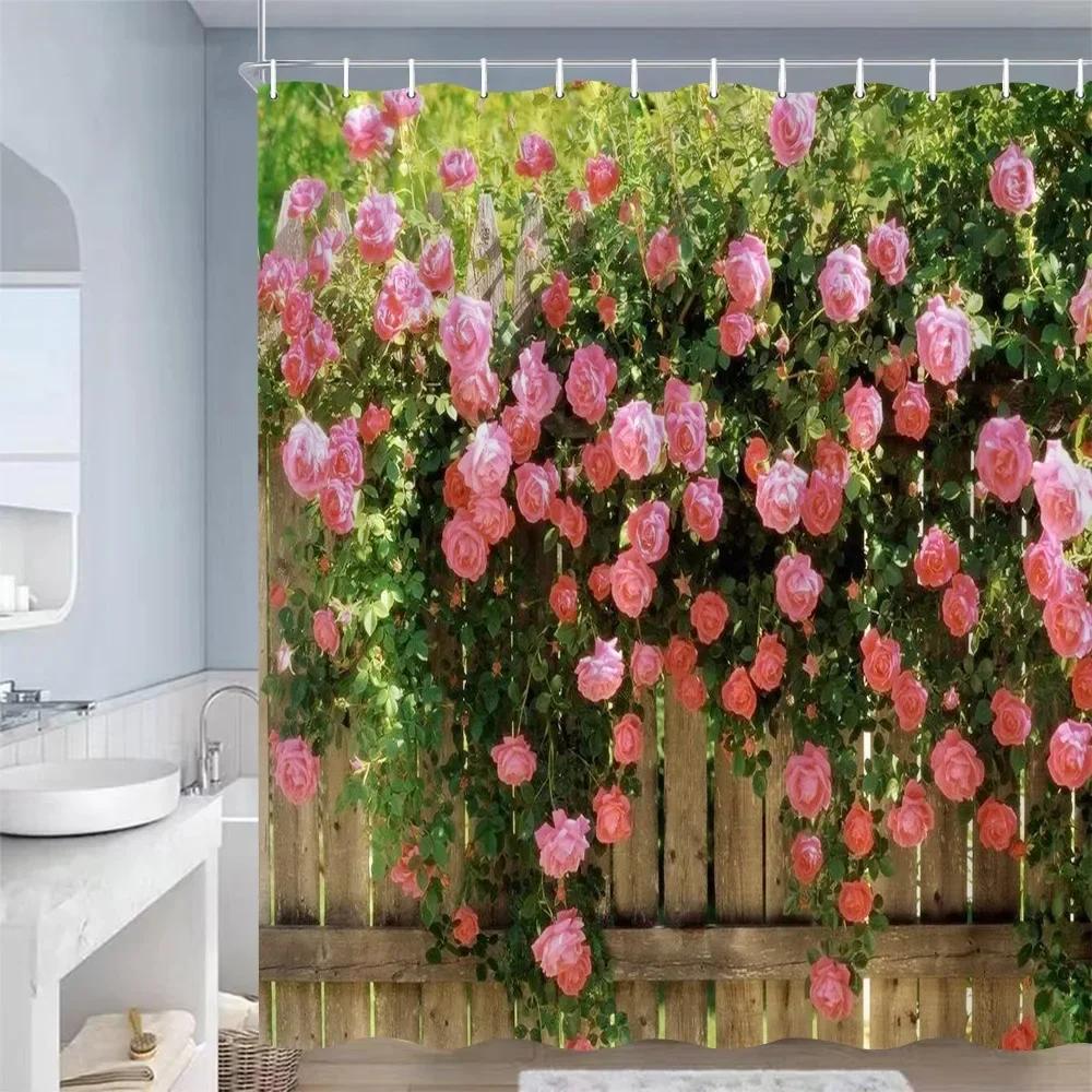 European Landscape Shower Curtains Purple Flowers Plants Blue Wooden Door Vintage Mediterranean Style Bathroom Decor with Hooks