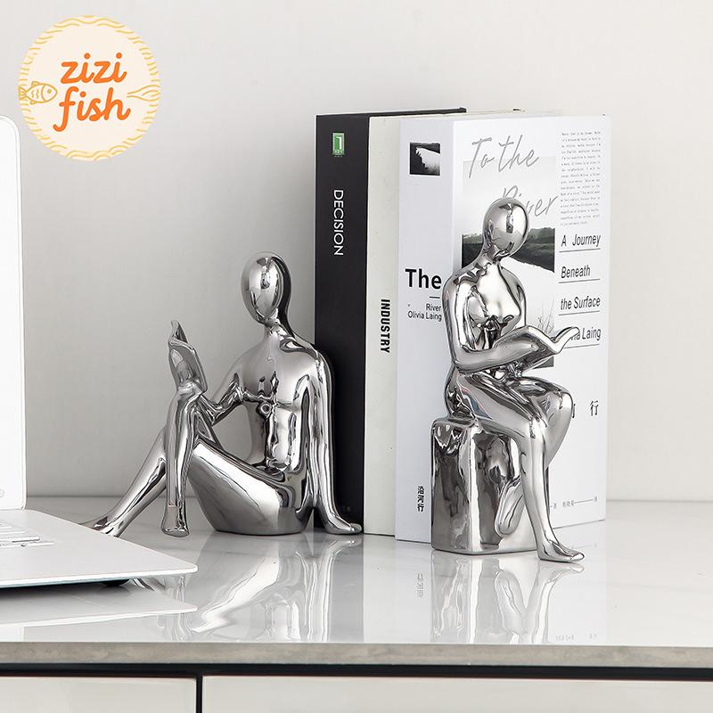 Leser Charakter Keramikstatue 2 Stück Bibliotheksregale Buchstütze Kreatives Handwerk Ornament Figuren Skulptur Raum Ästhetische Dekoration