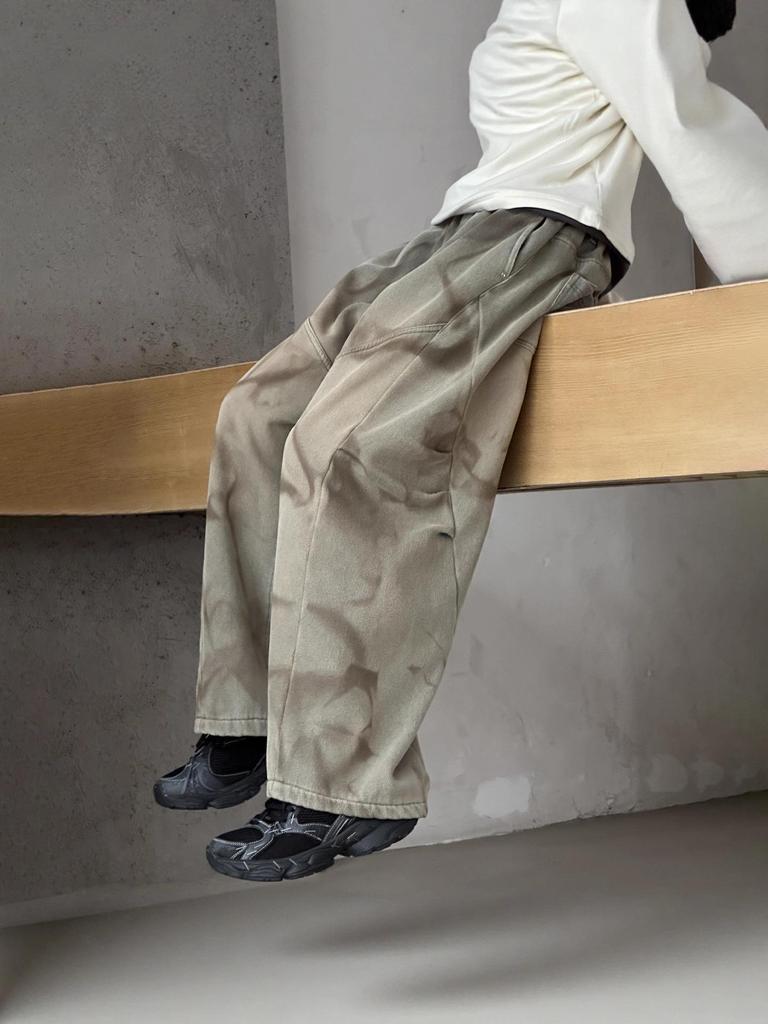 Retro Yellow Mud-Dye Fleece Lined Wide Leg Distressed Jeans for Girls