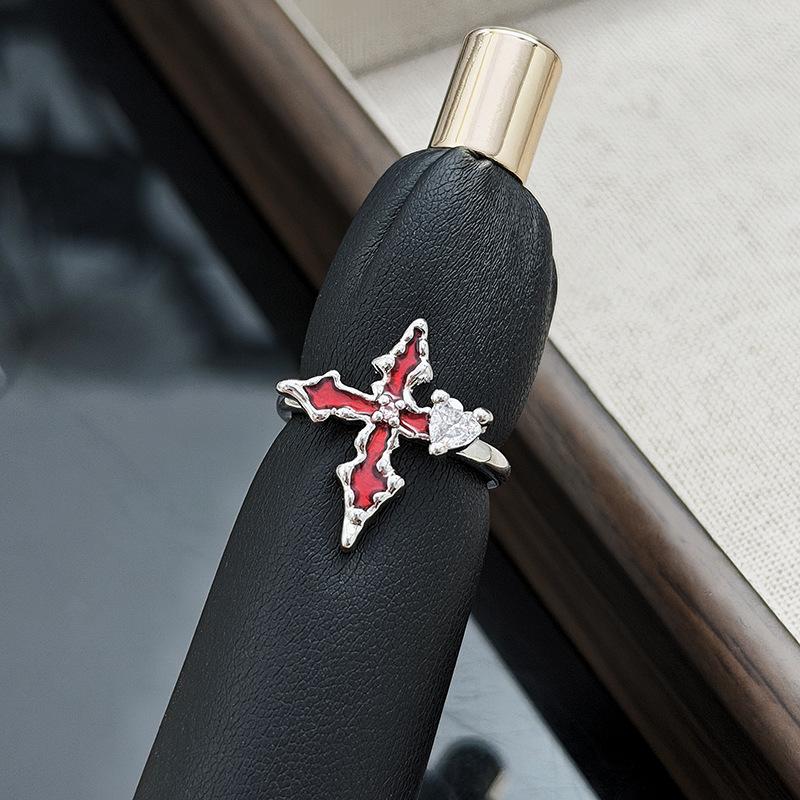 Gothic Spice Girl Red Enamel Zircon Cross Tide Opening Ring Sweet Cool Dark Premium Ring