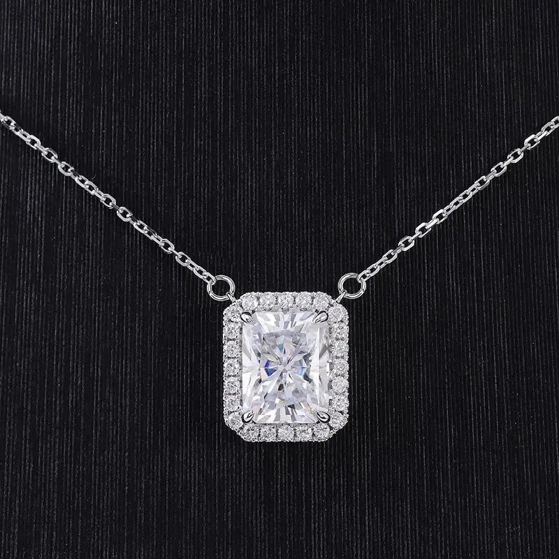 Radiant Cut Crystal Halo Pendant Necklace for Women, Luxury Silver Tone Statement Jewelry