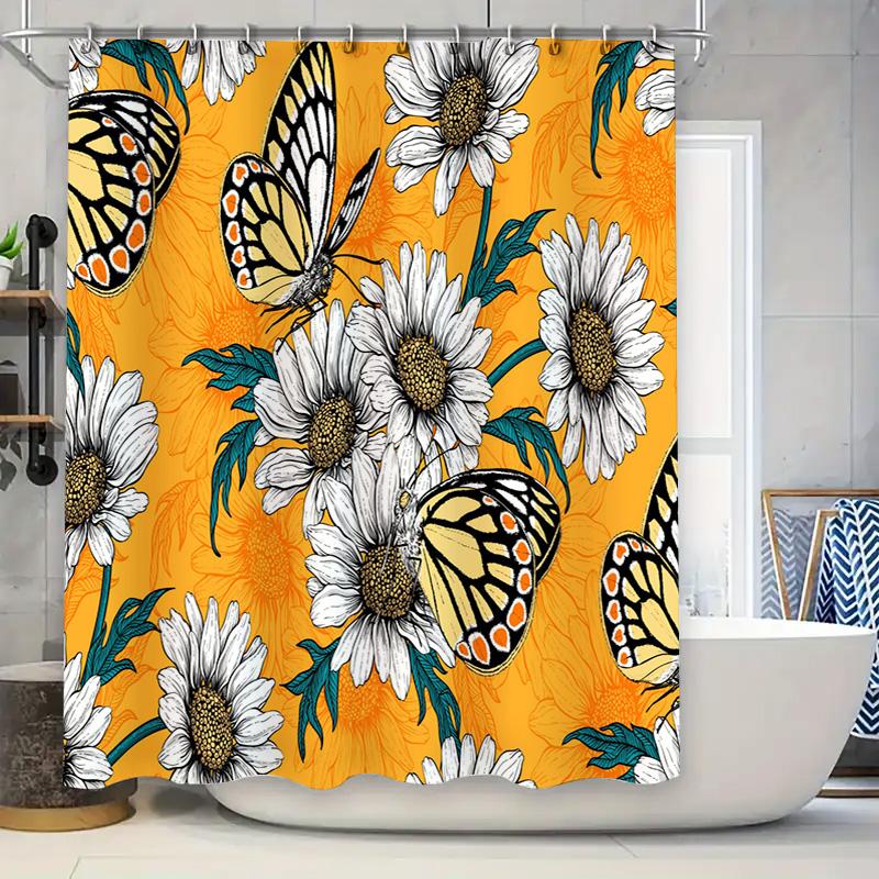 

Sunflower Butterfly Printed Shower Curtains For Bathroom Decor Orange Color Floral Curtain With Rod Hooks Set (Yellow) W60H190(CM)-1 Pcs