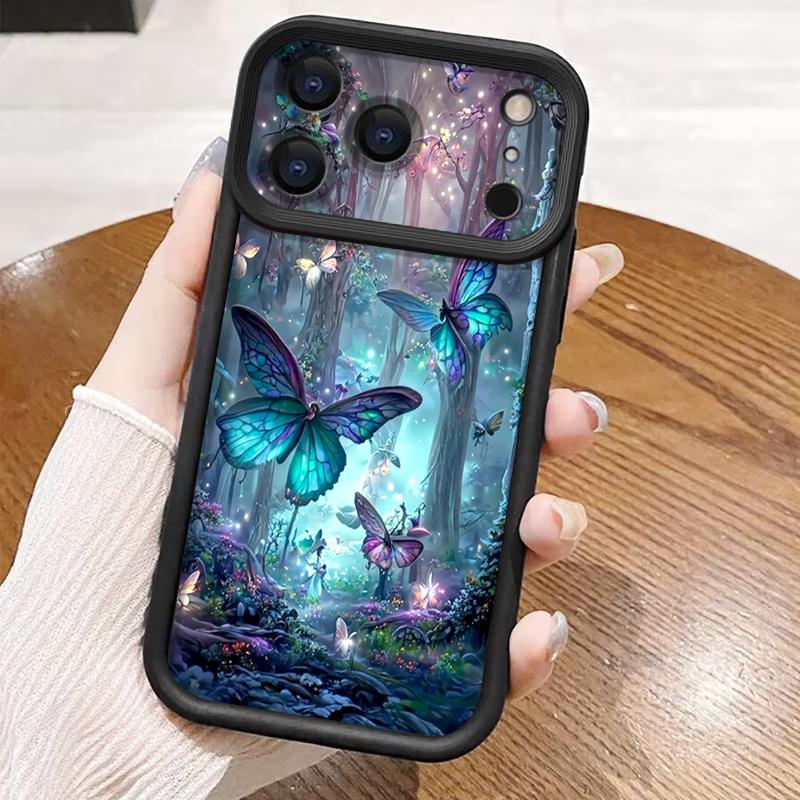 Měkké TPU Silikonové Pouzdro na Telefon Pro iPhone Air 16e 17 16 15 14 Pro Max 13 12 Pro 11 16 Plus Nárazuvzdorný Kryt se Vzorem Motýlů a Lesa