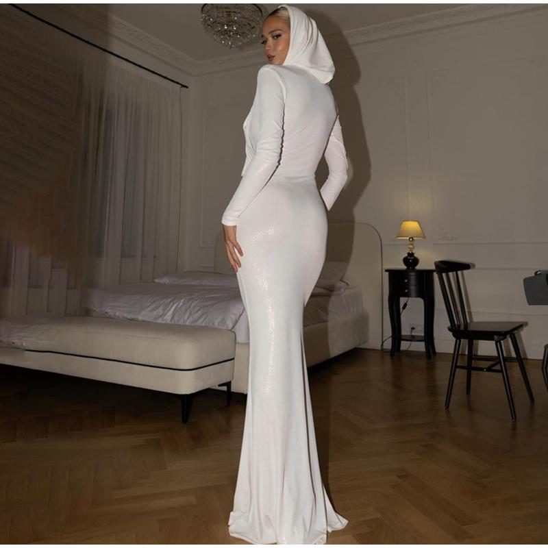 Weißes Satin-Abendkleid, formelles Etuikleid, bodenlang, sexy V-Ausschnitt, Schleppe, Falten, lange Ärmel, Falten, Kleider für besondere Anlässe