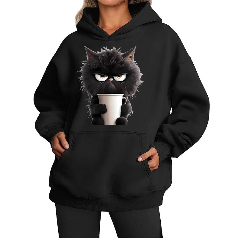 Kaffee Katze Mode Damen Kapuzenpullover Frühling Herbst Winter Freizeit Kapuzenpullover Sweatshirts Oberteile Einfarbiger Kapuzenpullover Sweatshirt Damen