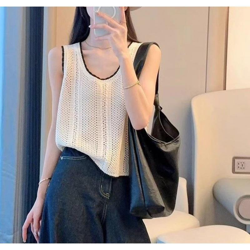 Hollow-Out Ice Silk Knit Camisole Vest - Women s 2025 Sleeveless European & American Tencel Summer Wear S (45-50 kg) белый